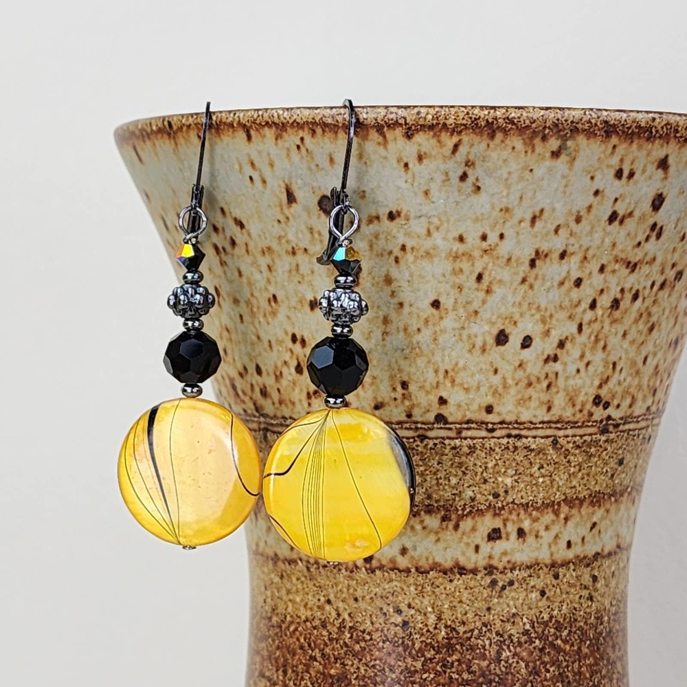 Yellow & Black Shell Earrings with Crystal Accents, Gunmetal‎ Hooks, Nickel Free